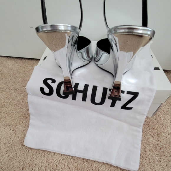 NIB SCHUTZ Silver Slingback Wedge Heels - Picture 8 of 10